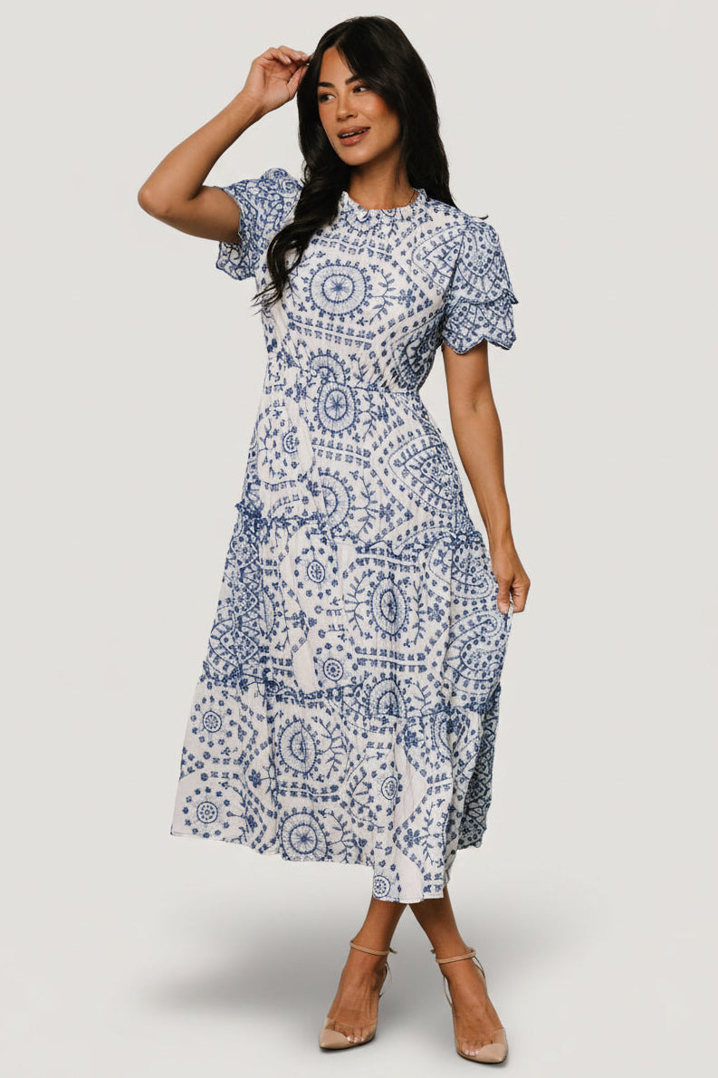 Mirabel Eyelet Midi Dress | White + Blue Main image