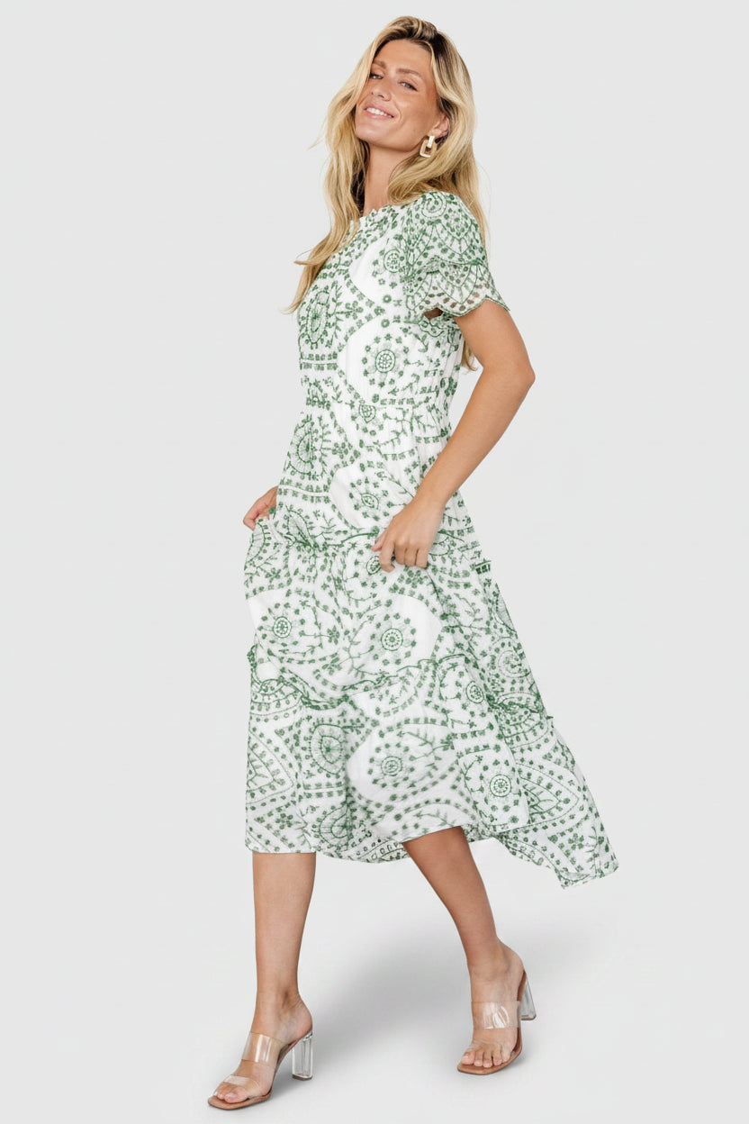 Mirabel Eyelet Midi Dress | White + Green