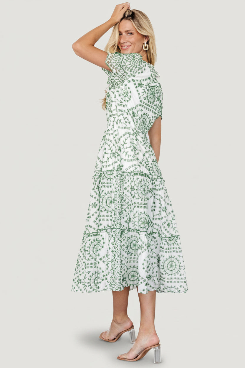 Mirabel Eyelet Midi Dress | White + Green