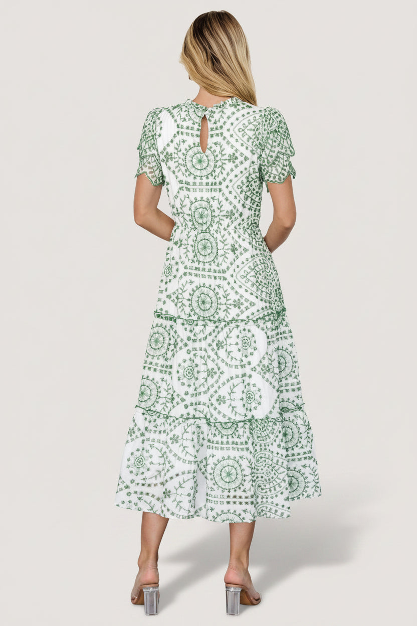 Mirabel Eyelet Midi Dress | White + Green
