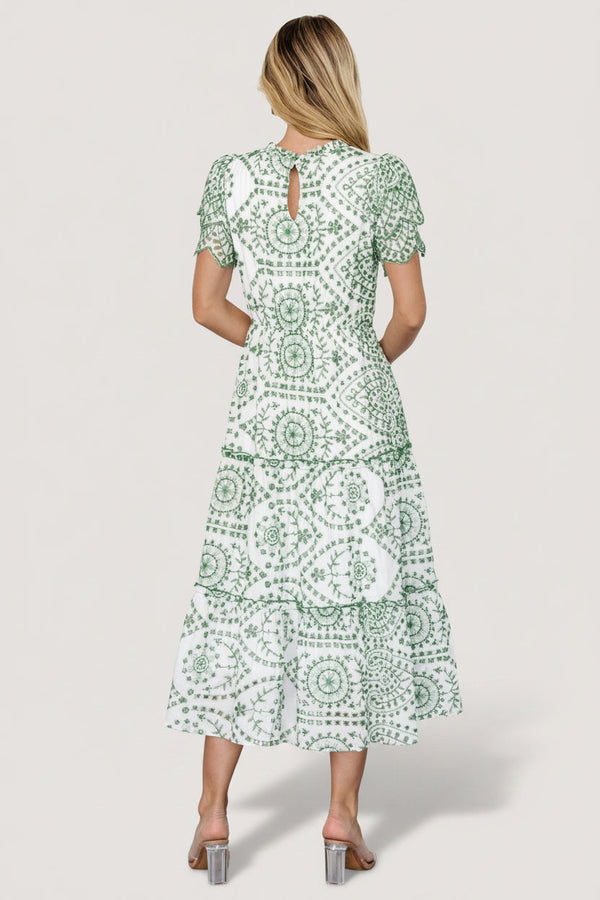 Mirabel Eyelet Midi Dress | White + Green