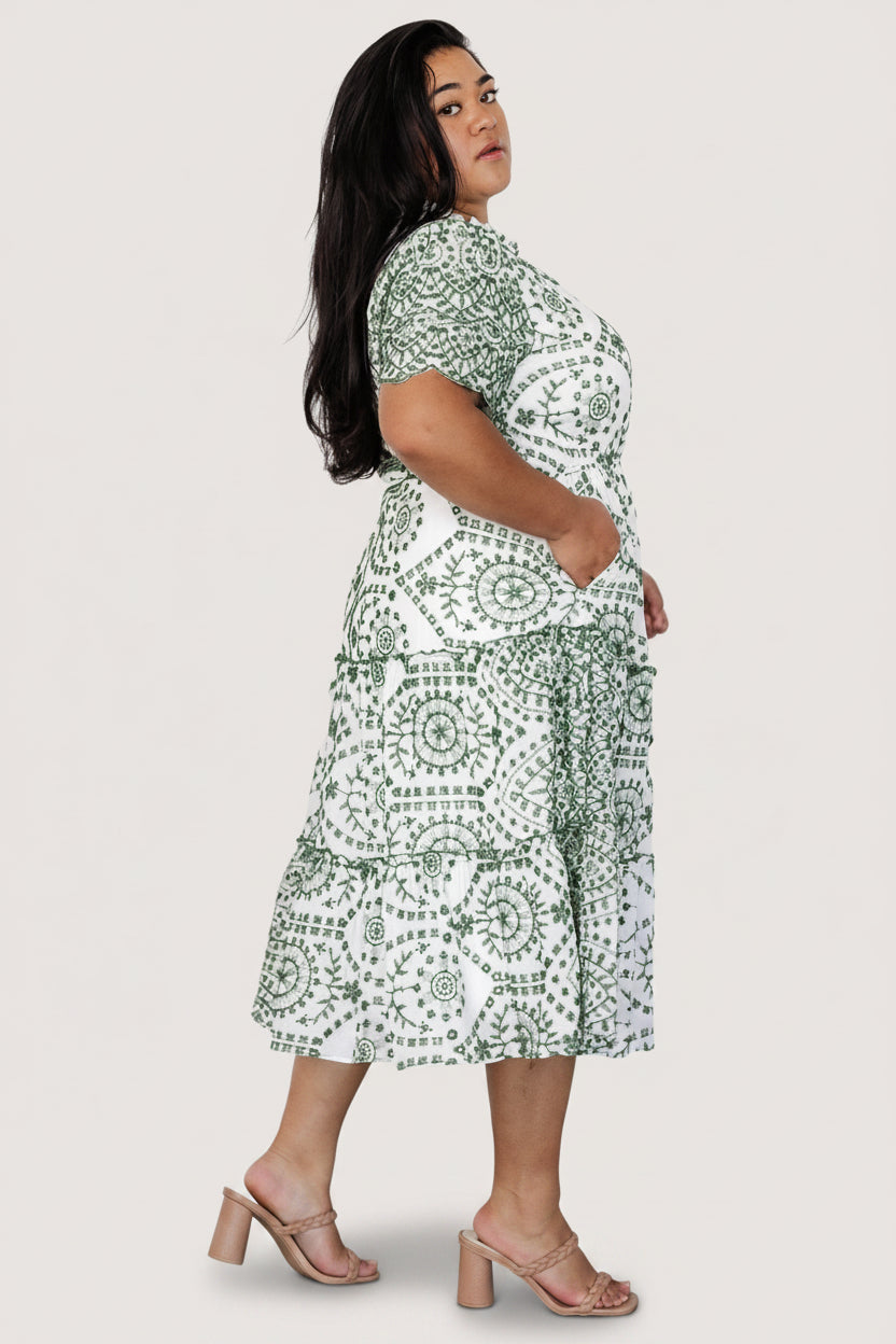 Mirabel Eyelet Midi Dress | White + Green