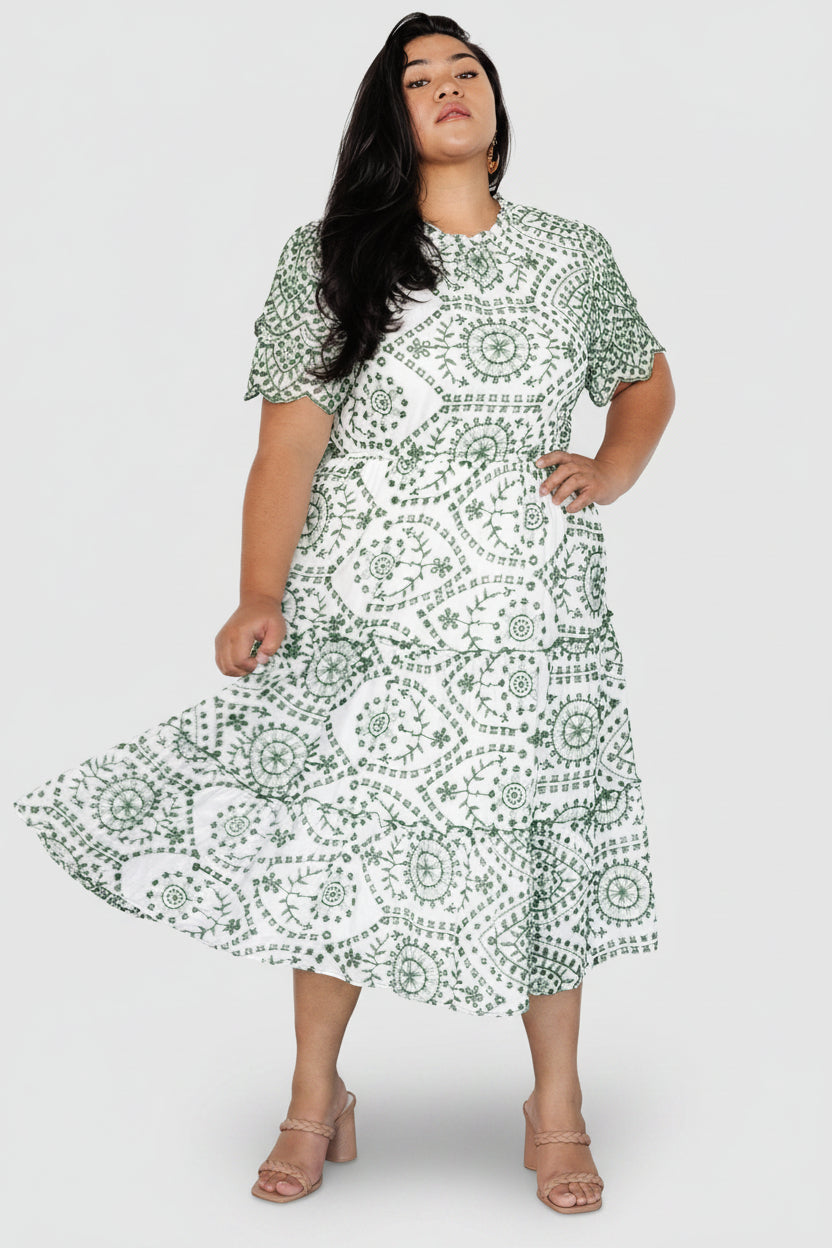 Mirabel Eyelet Midi Dress | White + Green