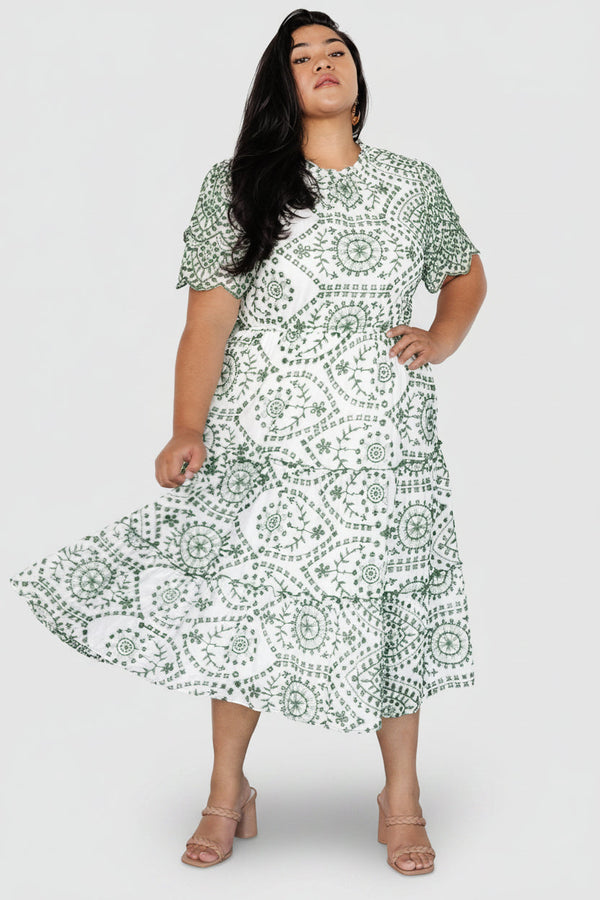 Mirabel Eyelet Midi Dress | White + Green