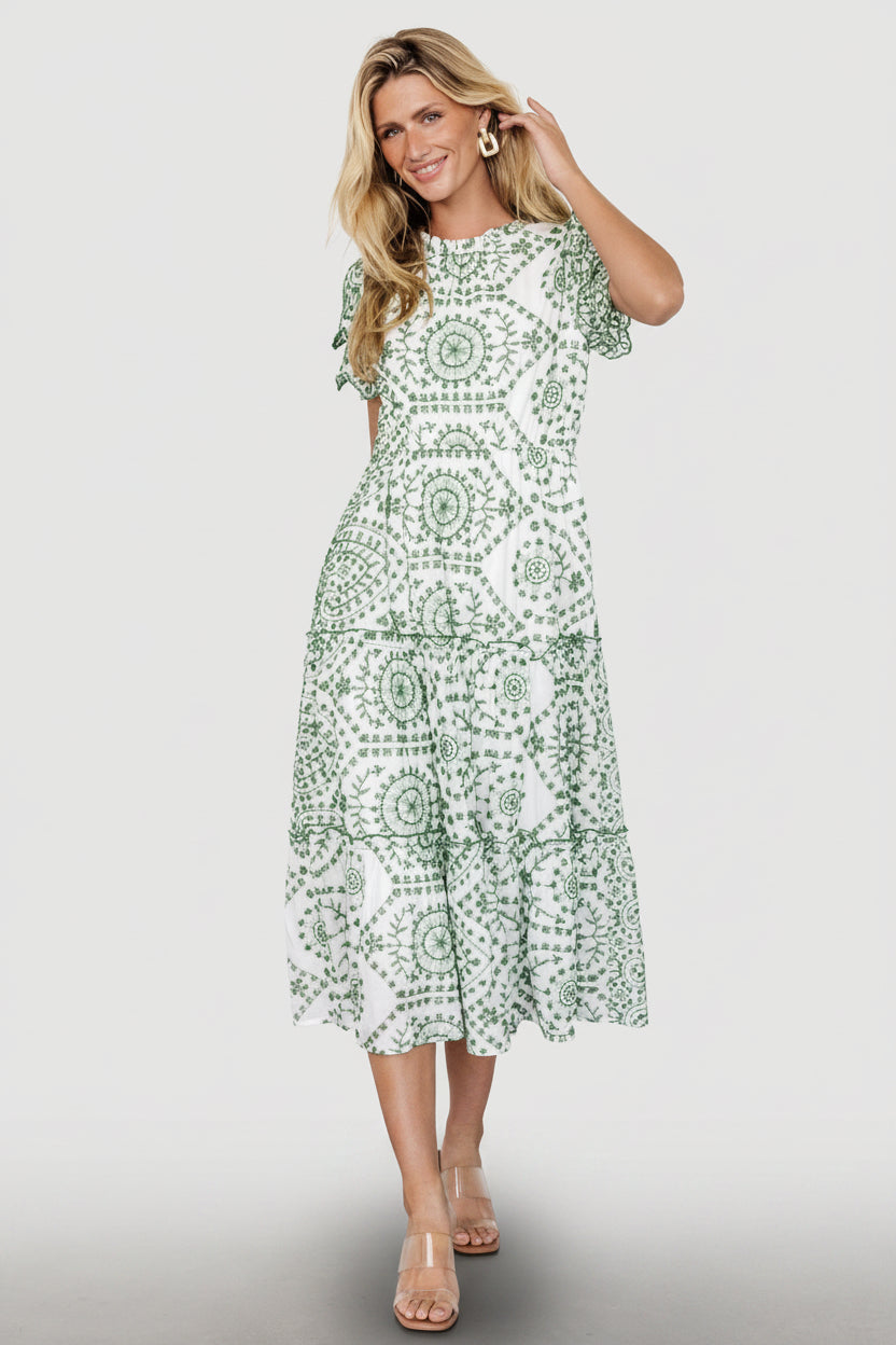 Mirabel Eyelet Midi Dress | White + Green