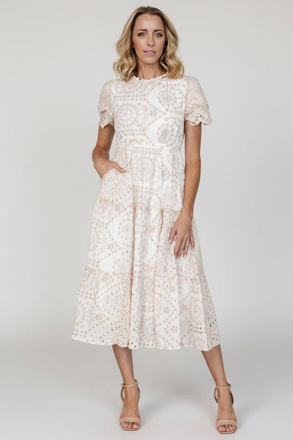 Mirabel Eyelet Midi Dress | White + Natural