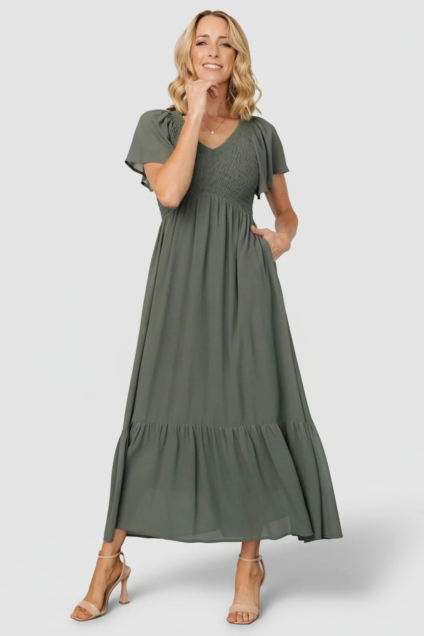 Monica Smocked Dress | Dark Sage