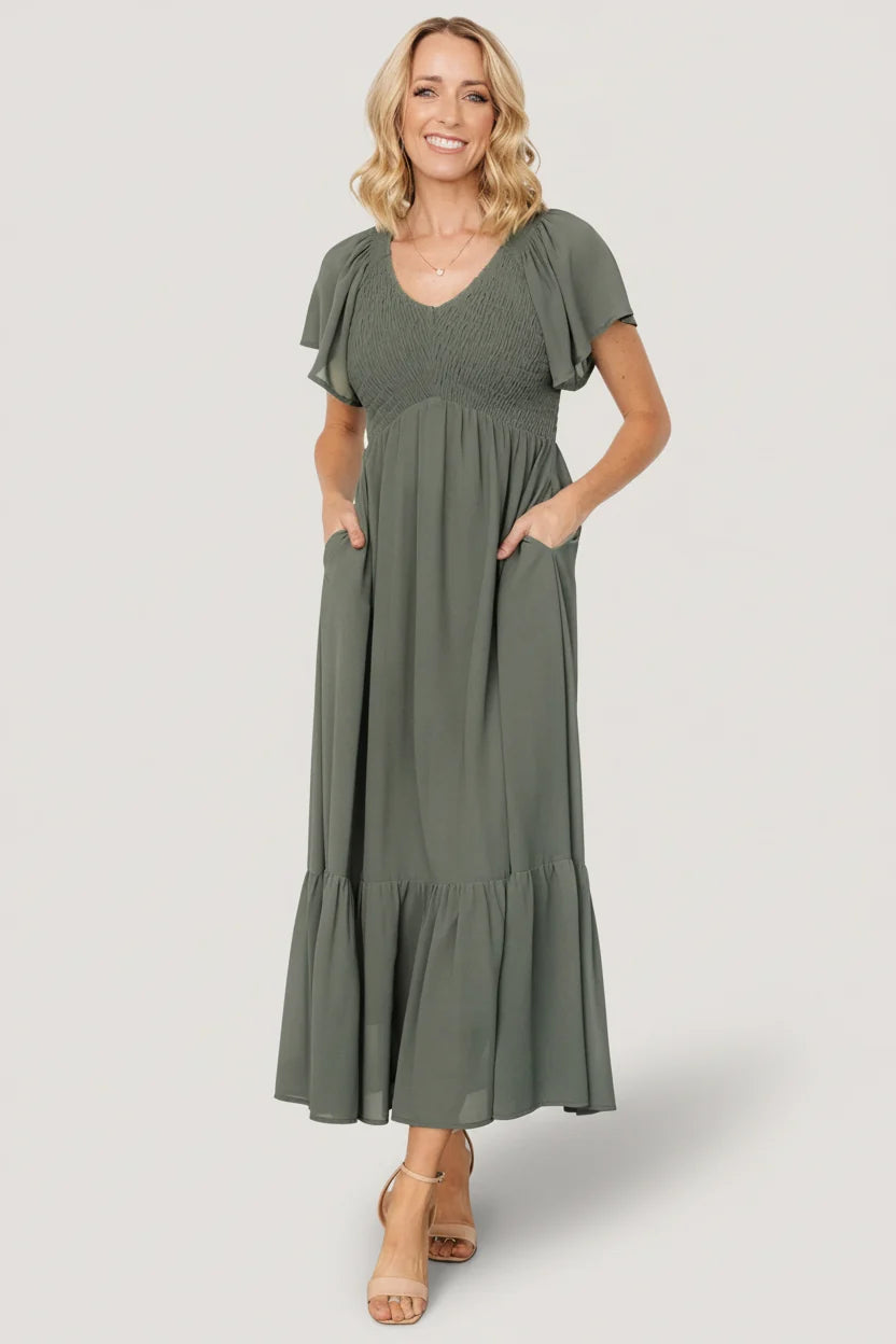 Monica Smocked Dress | Dark Sage Main image