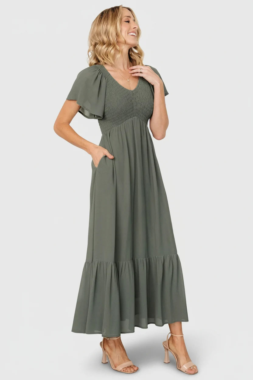 Monica Smocked Dress | Dark Sage