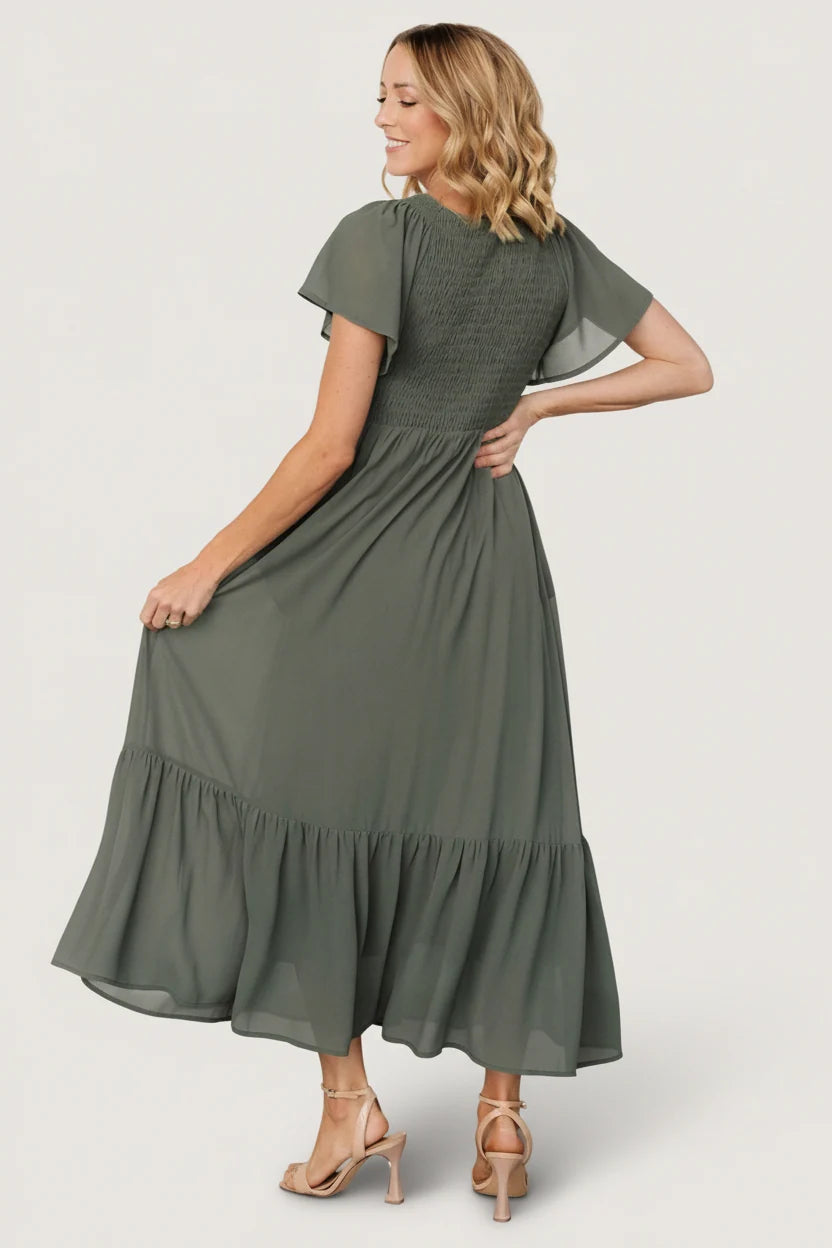 Monica Smocked Dress | Dark Sage