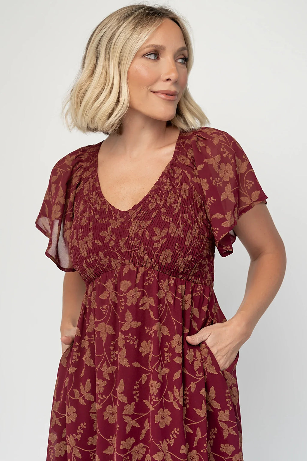 Monica Smocked Dress | Wine + Gold