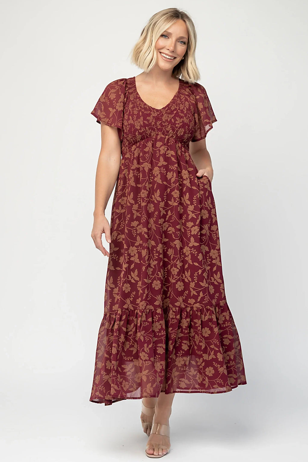 Monica Smocked Dress | Wine + Gold