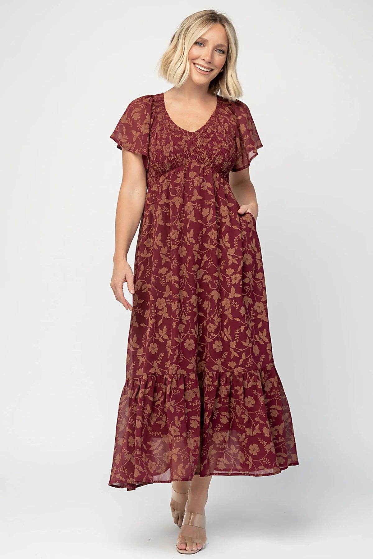 Monica Smocked Dress | Wine + Gold Main image