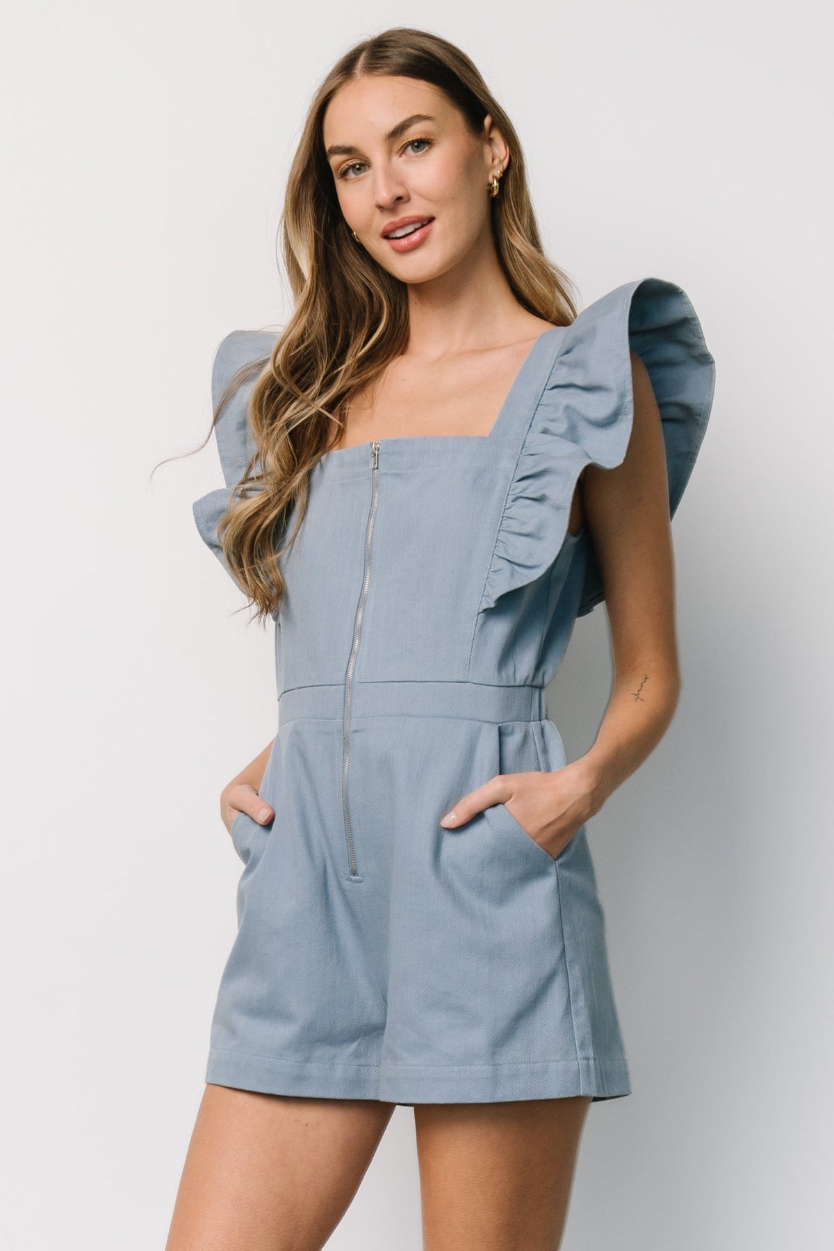 Montgomery Denim Romper | Dusty Blue