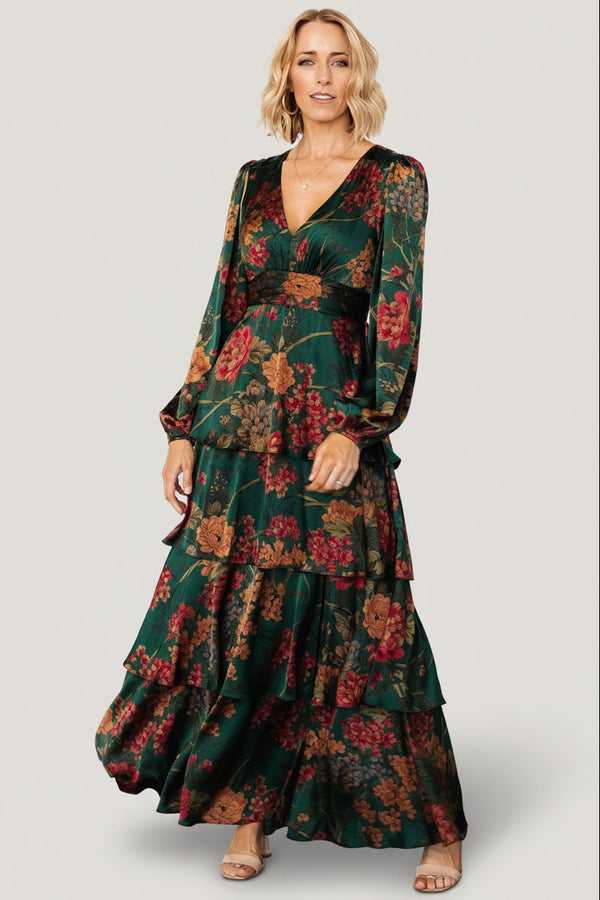 Montrouge Tiered Satin Dress | Emerald Floral