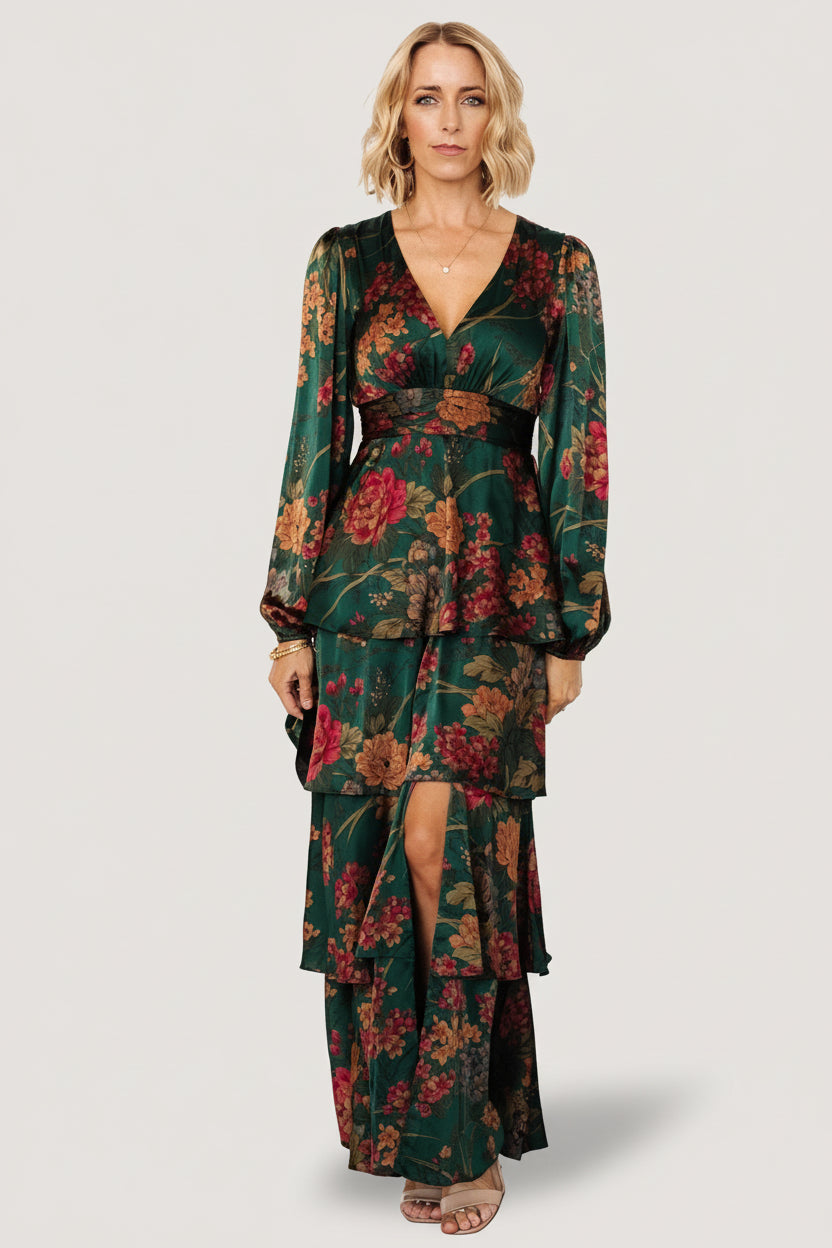 Montrouge Tiered Satin Dress | Emerald Floral Main image