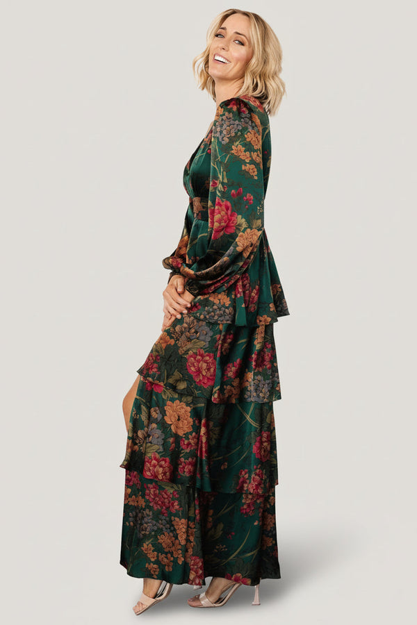 Montrouge Tiered Satin Dress | Emerald Floral