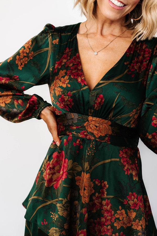 Montrouge Tiered Satin Dress | Emerald Floral