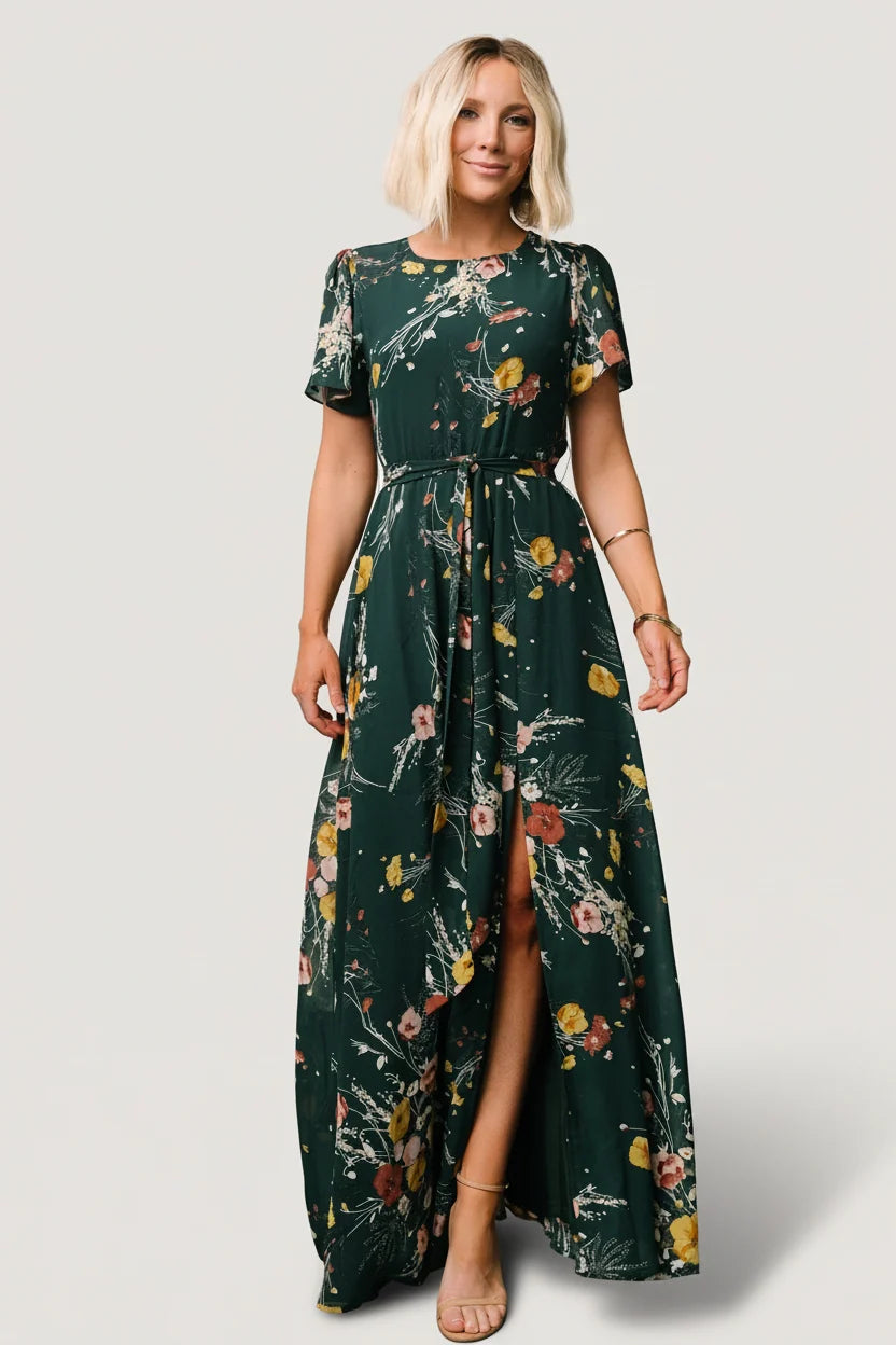 Naomi Short Sleeve Maxi Dress | Dark Green Floral Main image