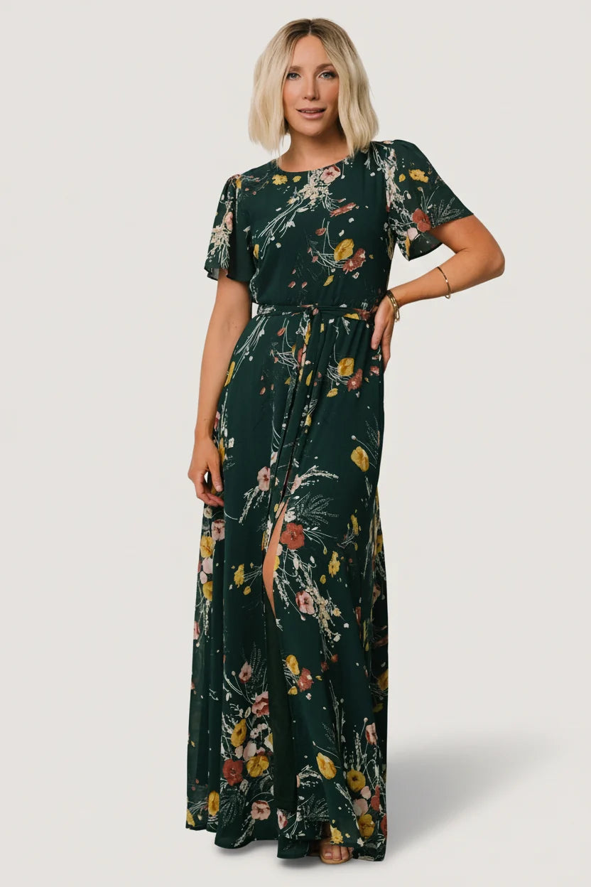 Naomi Short Sleeve Maxi Dress | Dark Green Floral