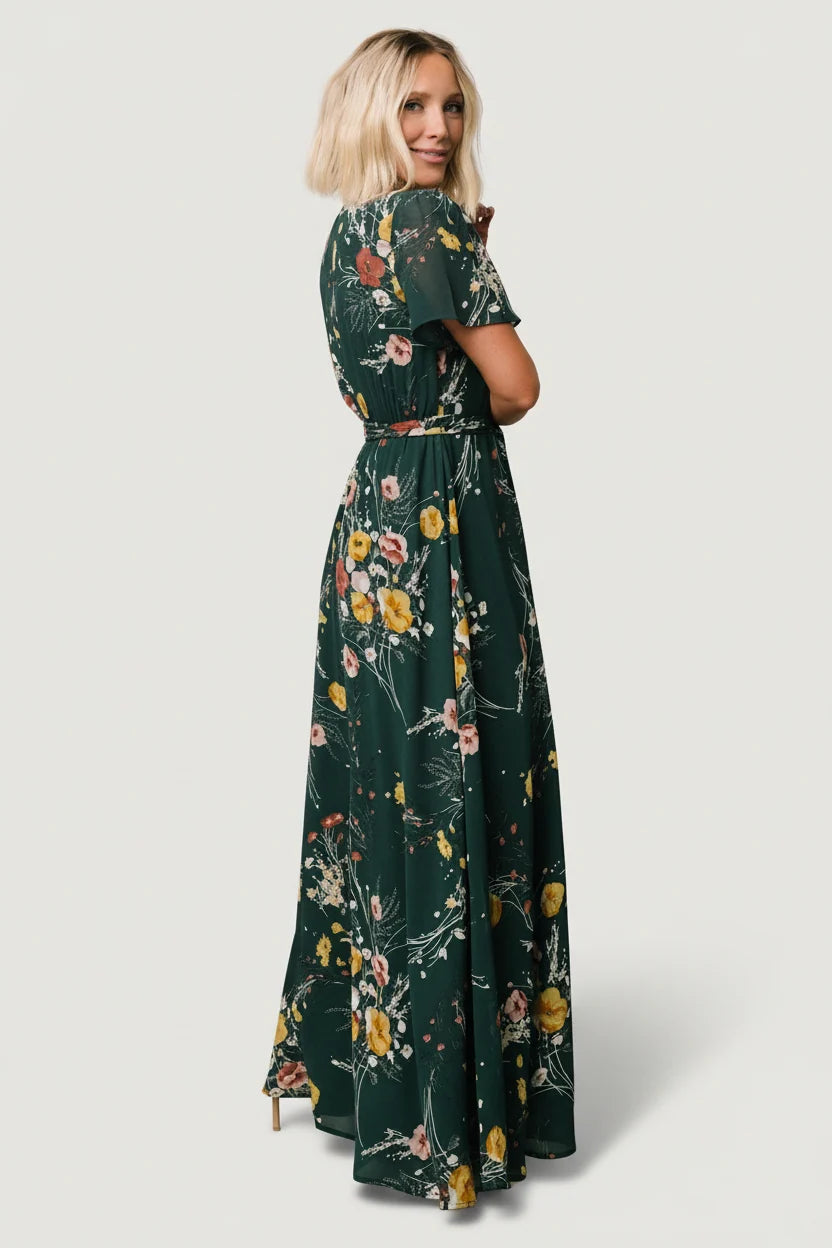 Naomi Short Sleeve Maxi Dress | Dark Green Floral