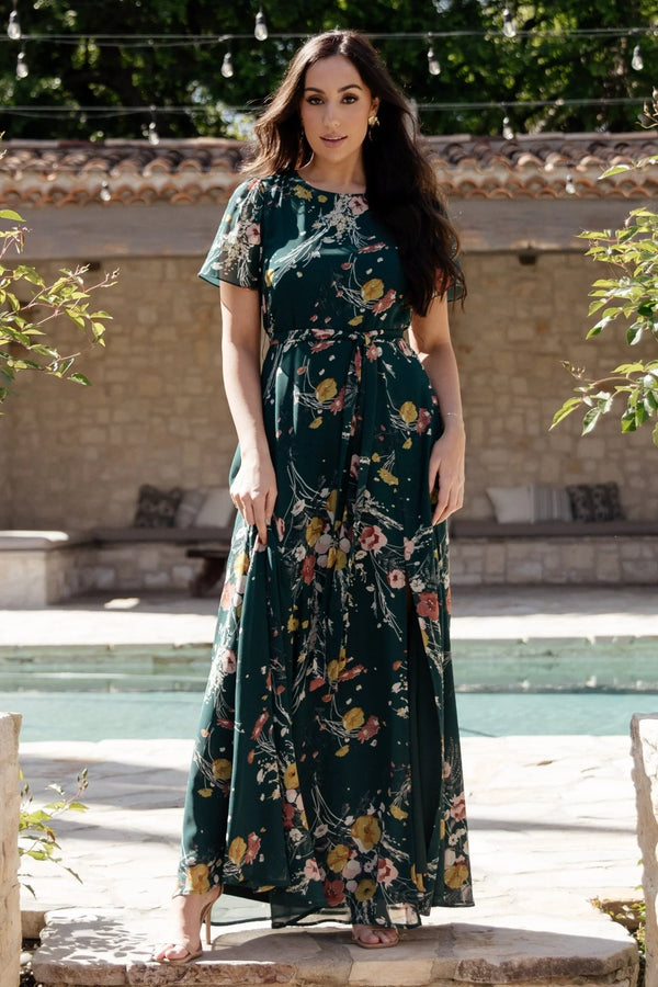 Naomi Short Sleeve Maxi Dress | Dark Green Floral
