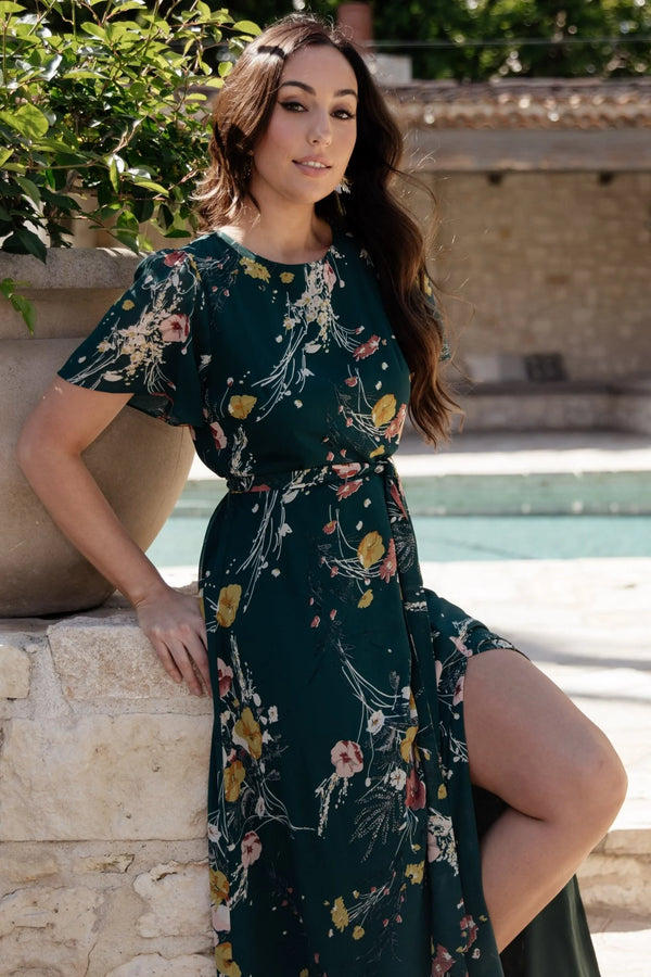 Naomi Short Sleeve Maxi Dress | Dark Green Floral