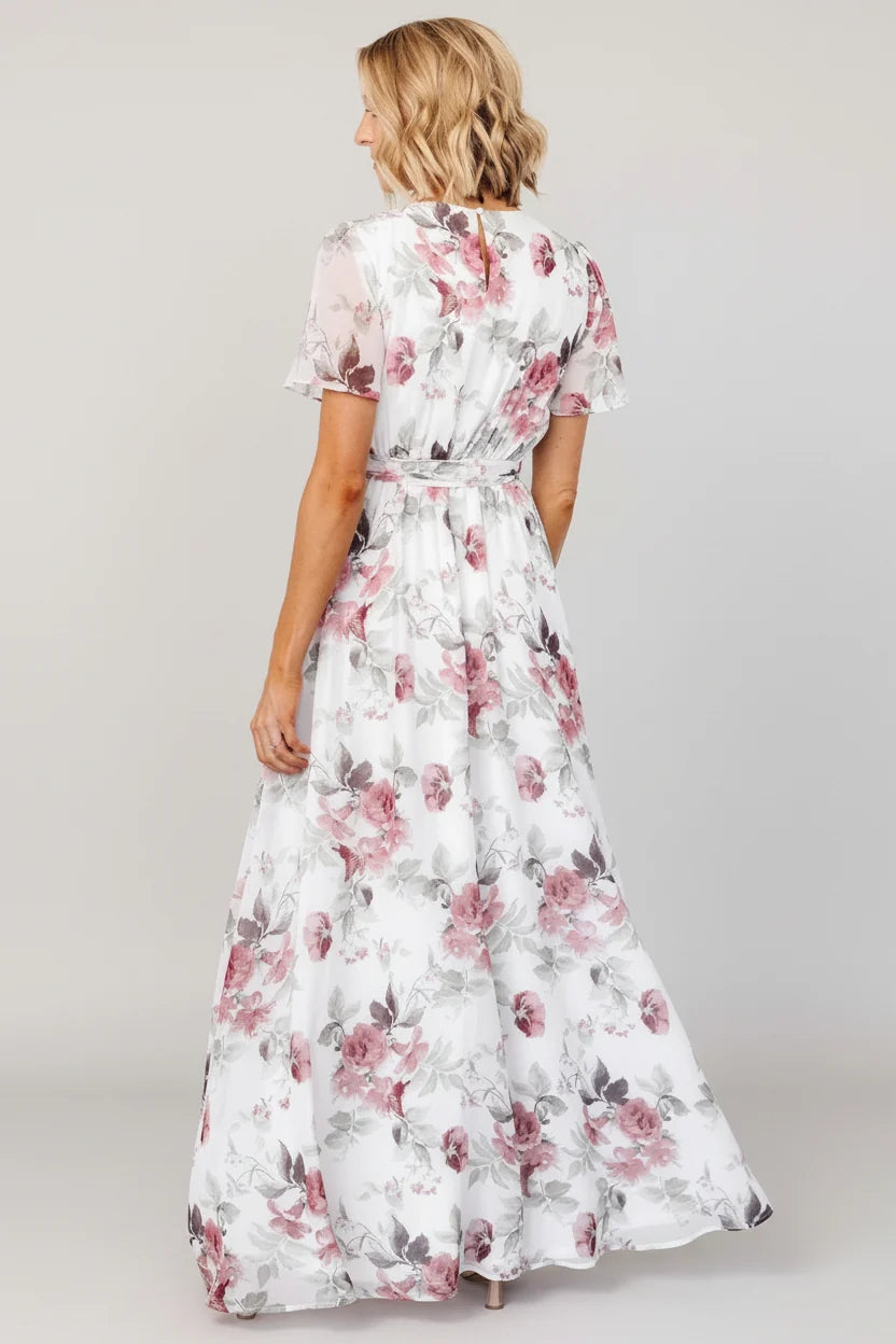 Naomi Short Sleeve Maxi Dress | Off White + Rose Floral