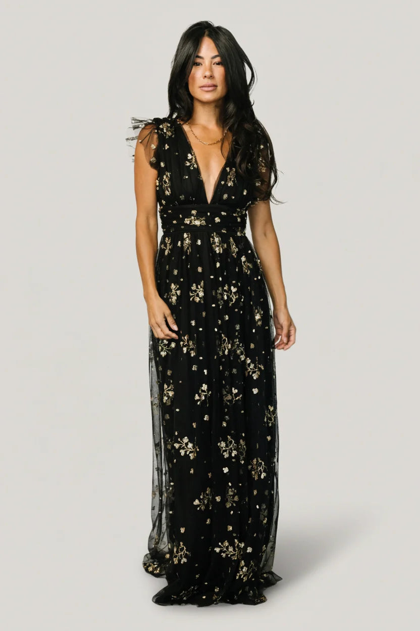 Natalia Floral Embellished Maxi Dress | Black + Gold