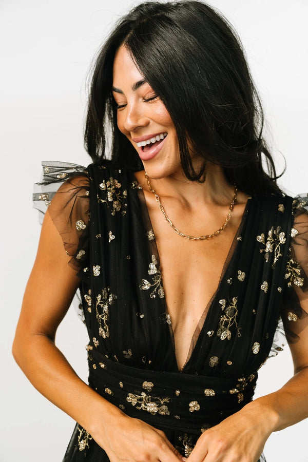 Natalia Floral Embellished Maxi Dress | Black + Gold