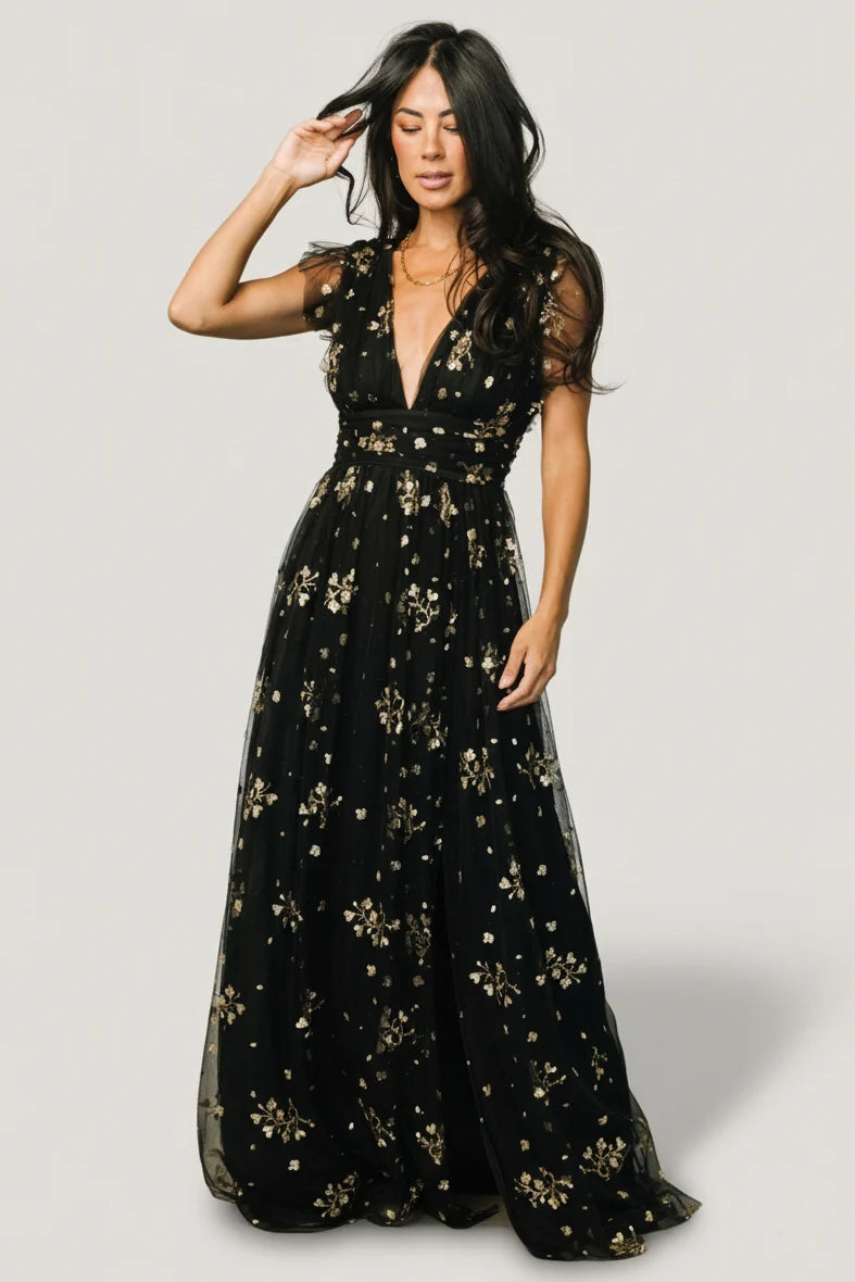Natalia Floral Embellished Maxi Dress | Black + Gold