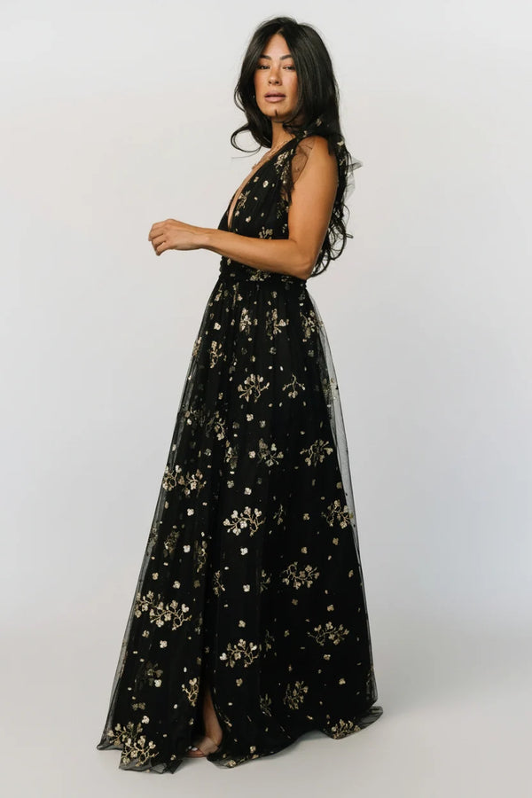 Natalia Floral Embellished Maxi Dress | Black + Gold