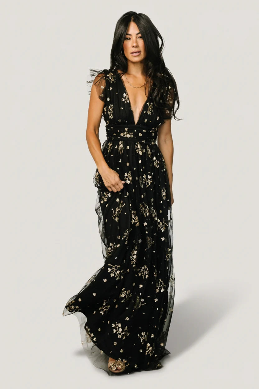 Natalia Floral Embellished Maxi Dress | Black + Gold