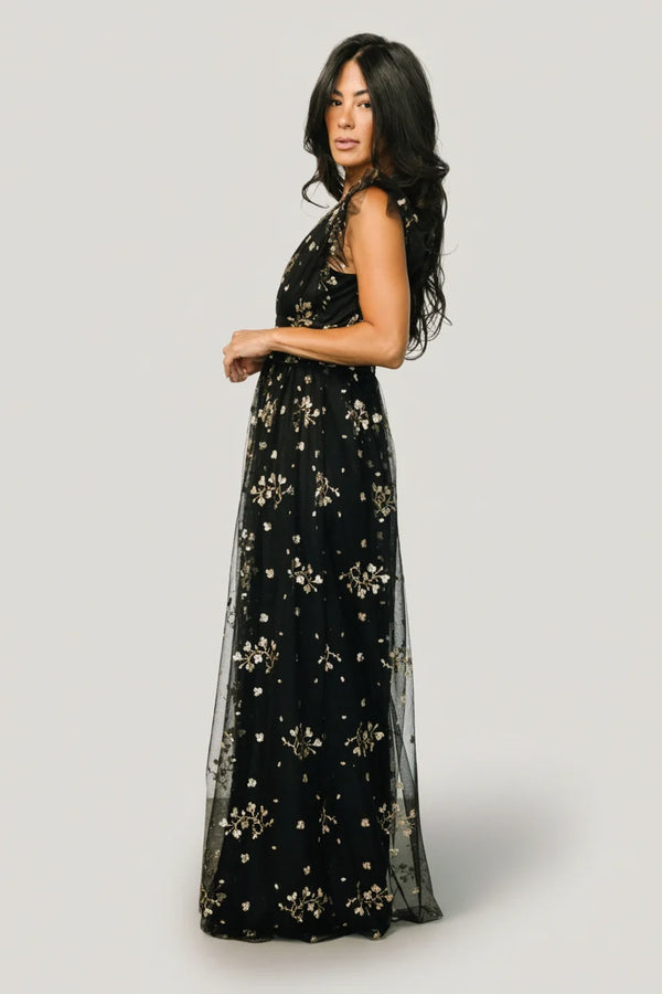 Natalia Floral Embellished Maxi Dress | Black + Gold