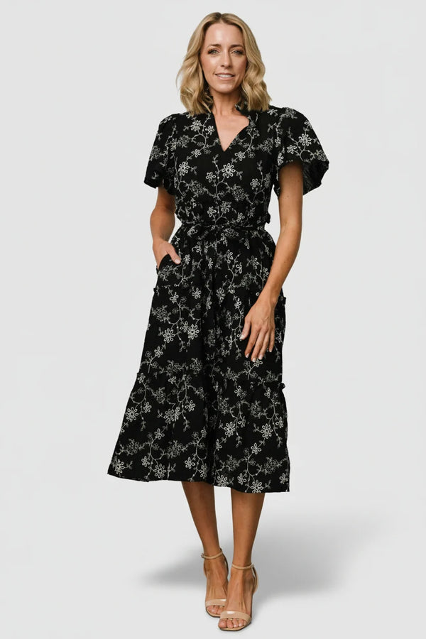 Odeya Tiered Midi Dress | Black + White
