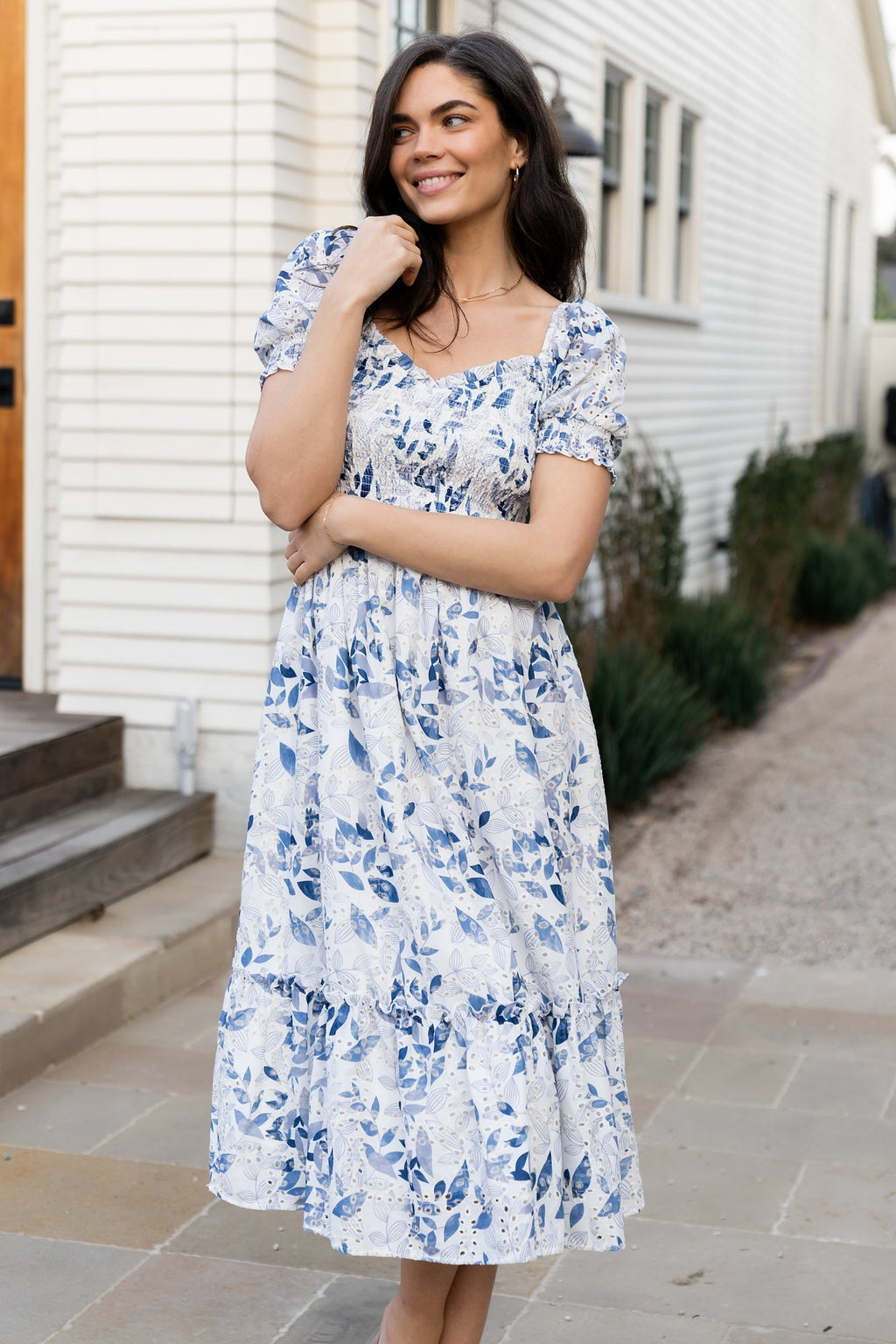 Piper Eyelet Midi Dress | Off White + Blue Floral