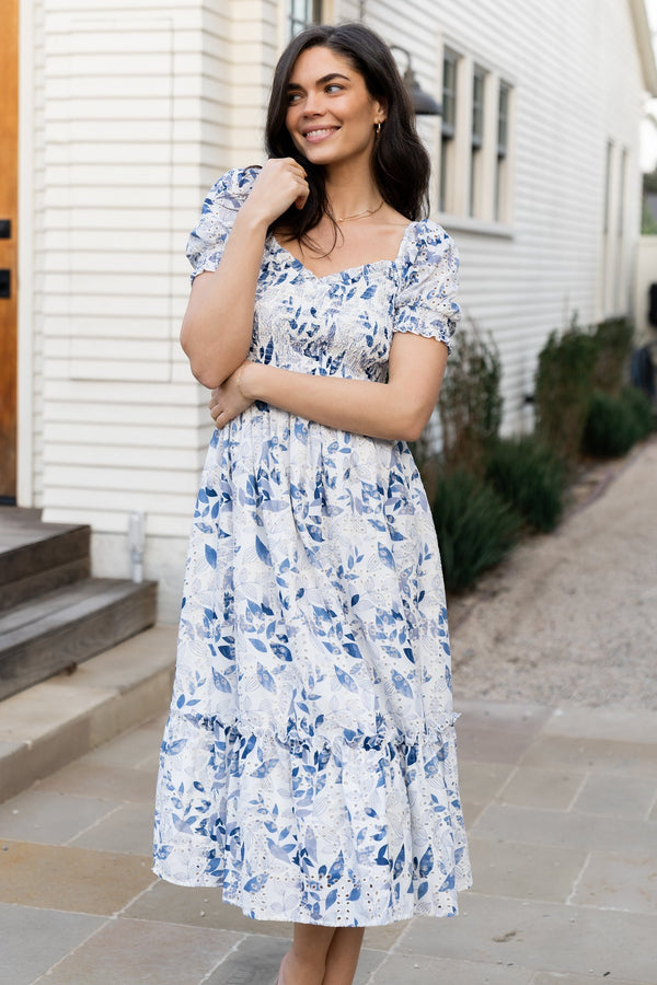 Piper Eyelet Midi Dress | Off White + Blue Floral