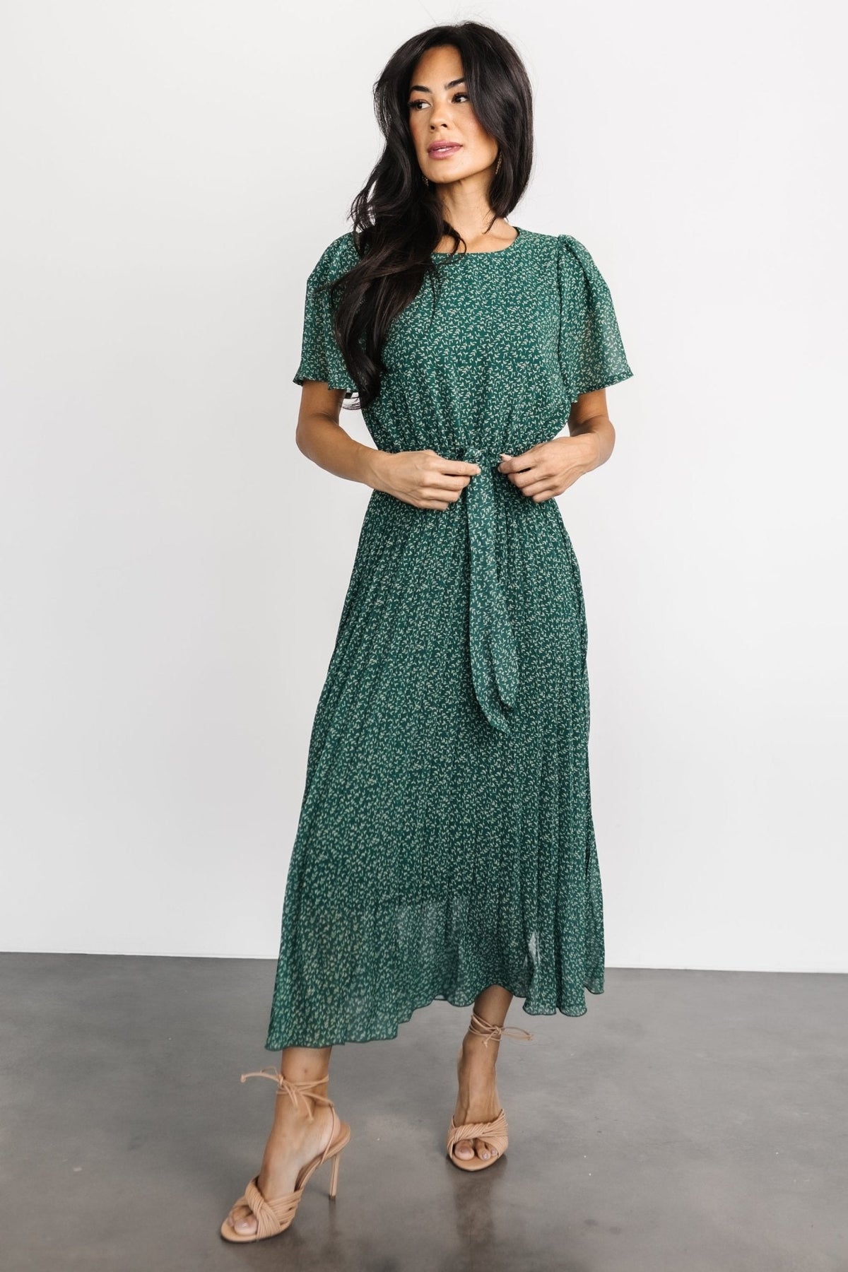 Prim Pleated Dress | Green Print Main image