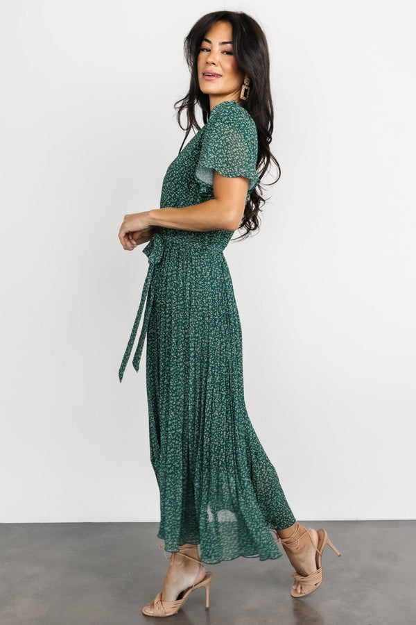 Prim Pleated Dress | Green Print