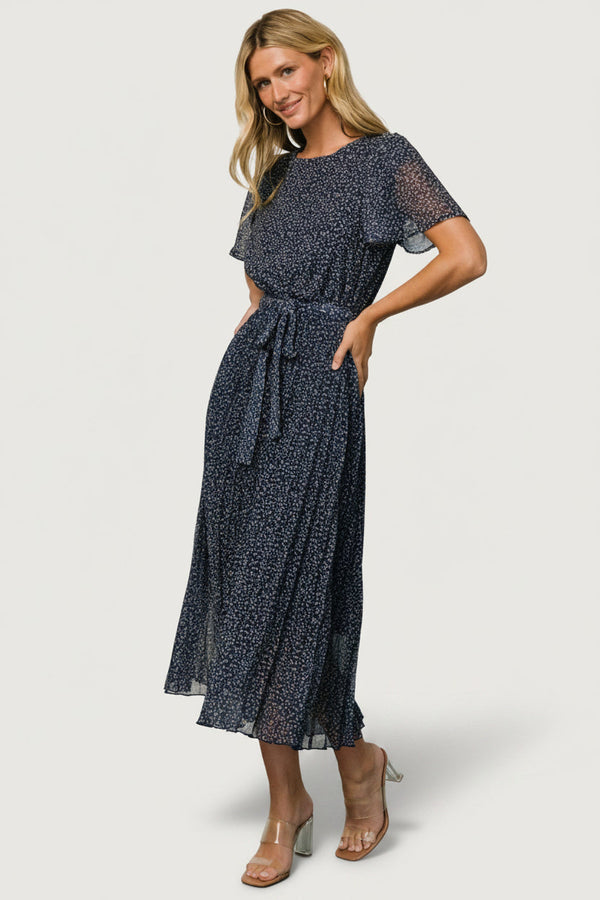 Prim Pleated Dress | Navy Print