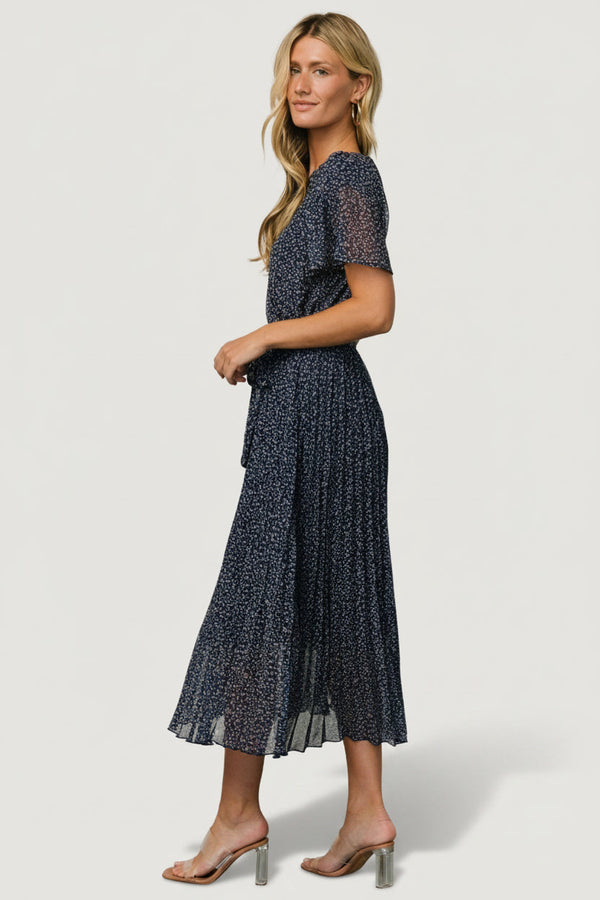 Prim Pleated Dress | Navy Print