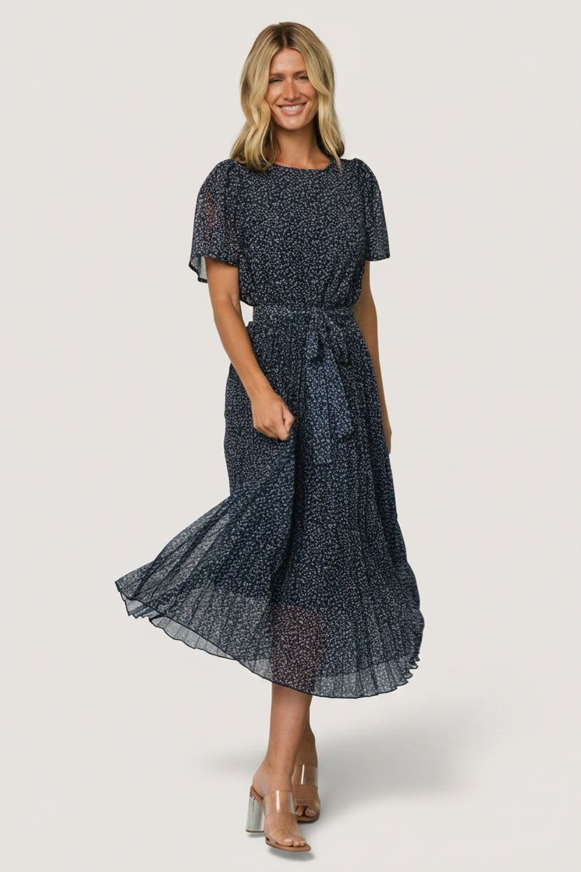 Prim Pleated Dress | Navy Print