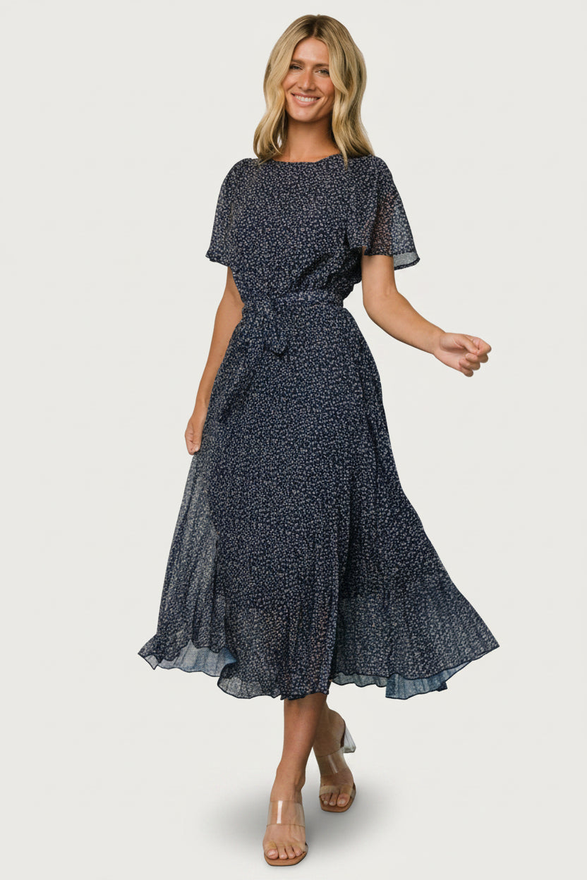 Prim Pleated Dress | Navy Print