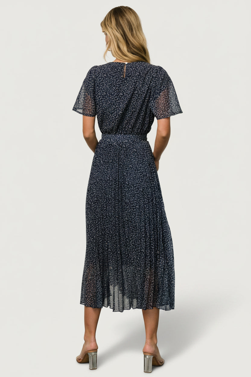 Prim Pleated Dress | Navy Print