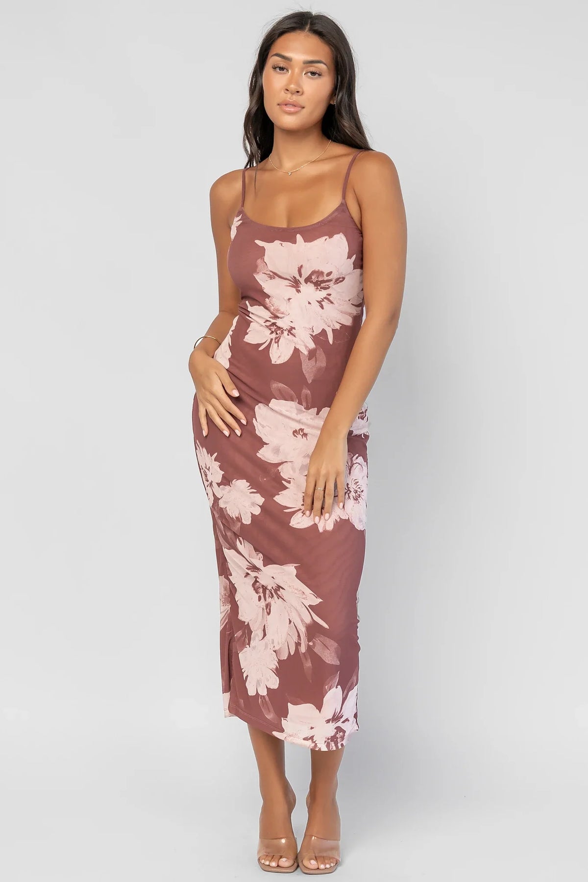 Raelynne Mesh Midi Dress | Dusty Mauve Floral Main image