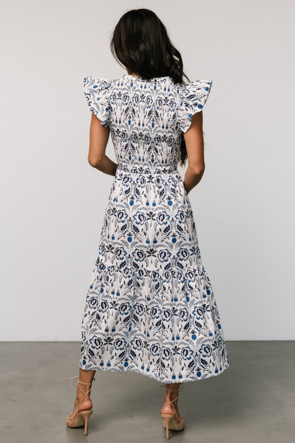 Rhodes Smocked Dress | White + Blue Print