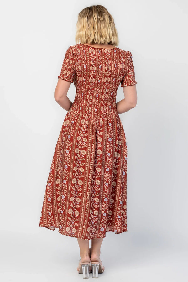 Rhonda Smocked Midi Dress | Rust Print