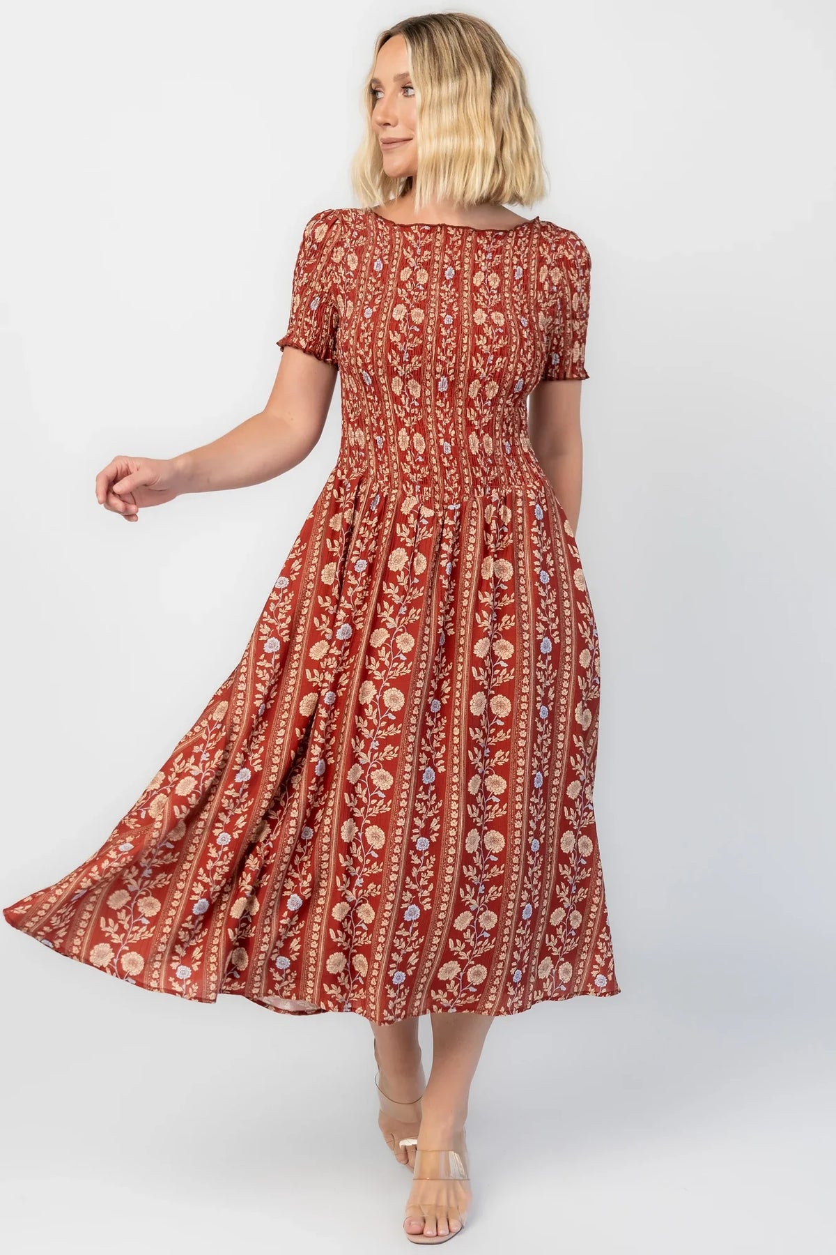 Rhonda Smocked Midi Dress | Rust Print
