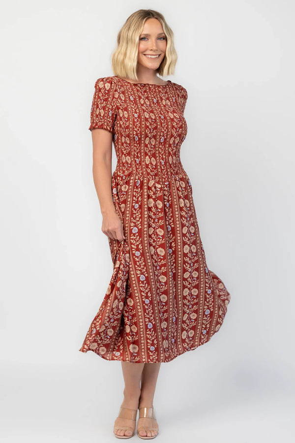 Rhonda Smocked Midi Dress | Rust Print