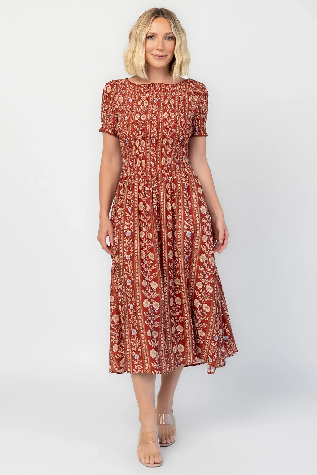 Rhonda Smocked Midi Dress | Rust Print